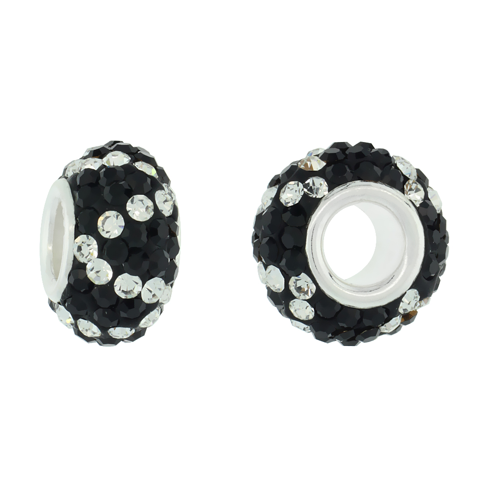 Sterling Silver Crystal Charm Bead Black &amp; White Spiral Color Charm Bracelet Compatible, 13 mm