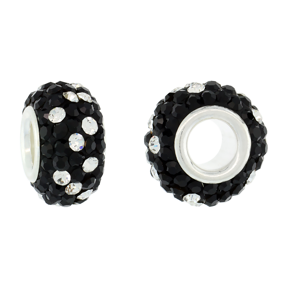 Sterling Silver Crystal Charm Bead Black Polka dot White Color Charm Bracelet Compatible, 13 mm