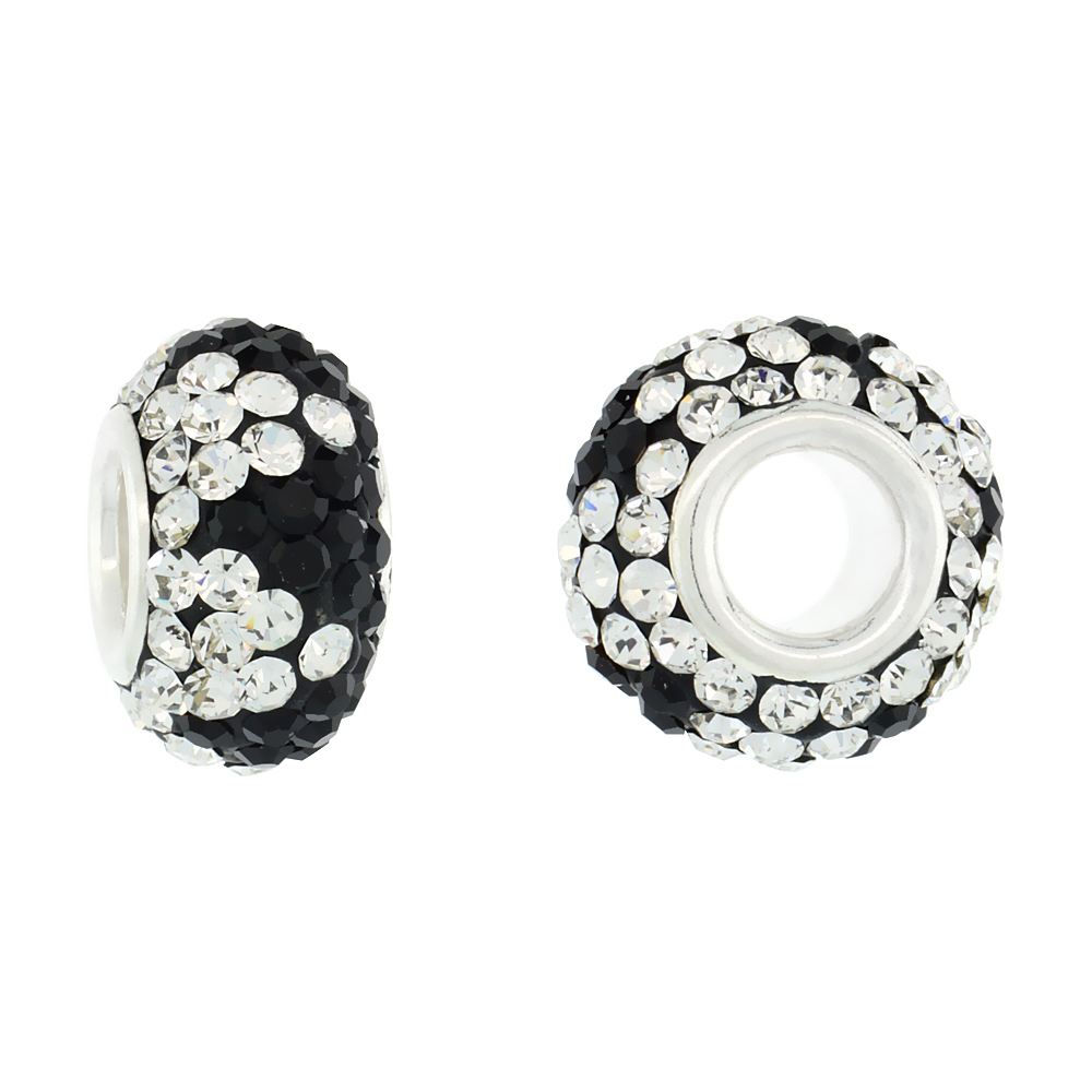 Sterling Silver Crystal Charm Bead Black &amp; White Color Charm Bracelet Compatible, 13 mm