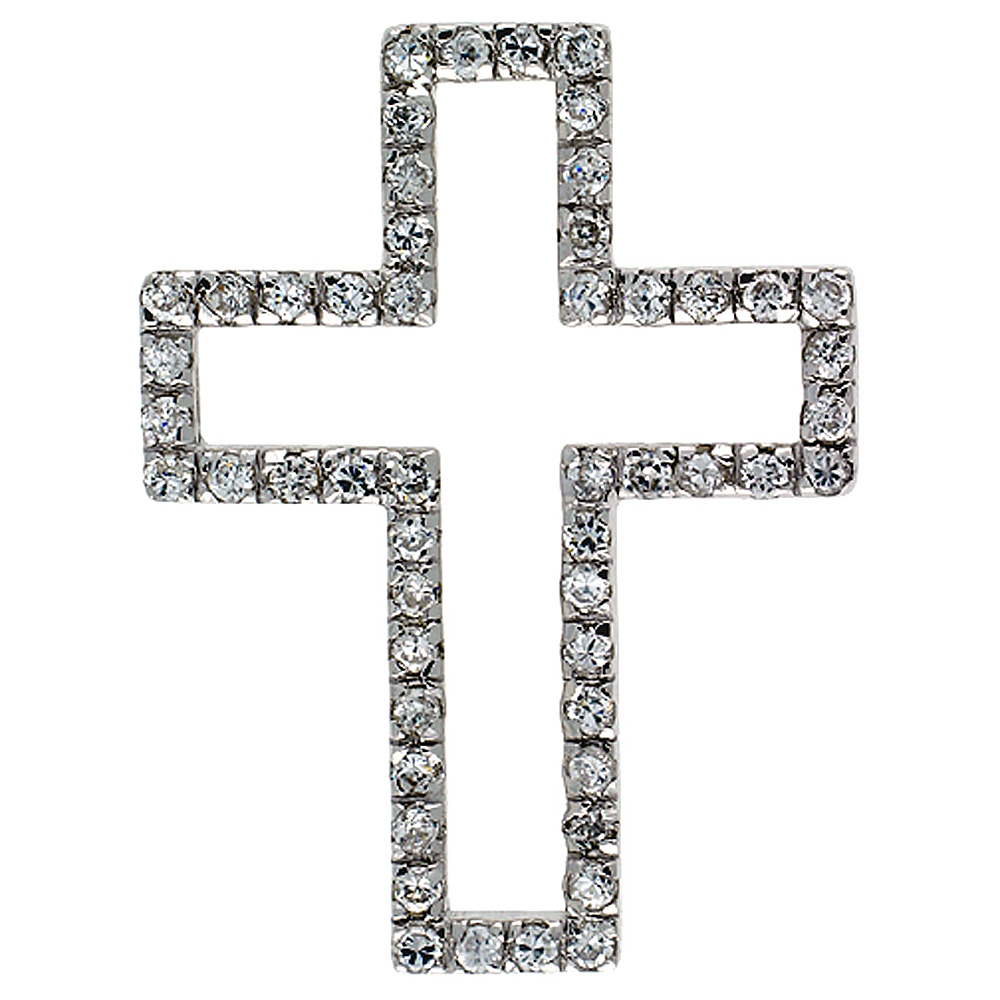Sterling Silver Cross Cut Out Pendant, w/ Brilliant Cut CZ Stones, 1 1/2&quot; (38 mm) tall, w/ 18&quot; Thin Snake Chain