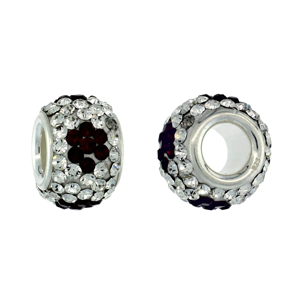 Sterling Silver Crystal Charm Bead White, Black Flower Color Charm Bracelet Compatible, 11 mm
