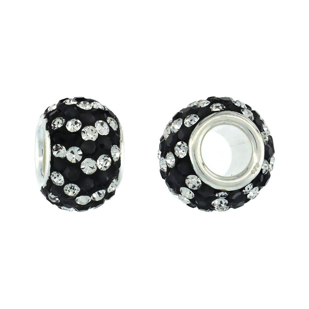 Sterling Silver Crystal Charm Bead White &amp; Black Spiral Color Charm Bracelet Compatible, 11 mm