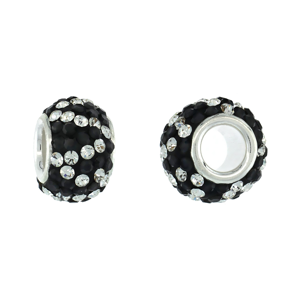 Sterling Silver Crystal Charm Bead Twisted White & Black Color Charm Bracelet Compatible, 11 mm