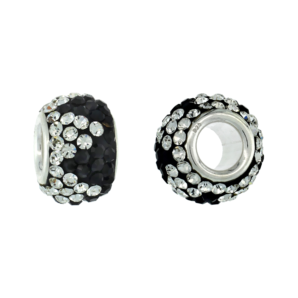 Sterling Silver Crystal Charm Bead Crown Shape Black &amp; White Color Charm Bracelet Compatible, 11 mm