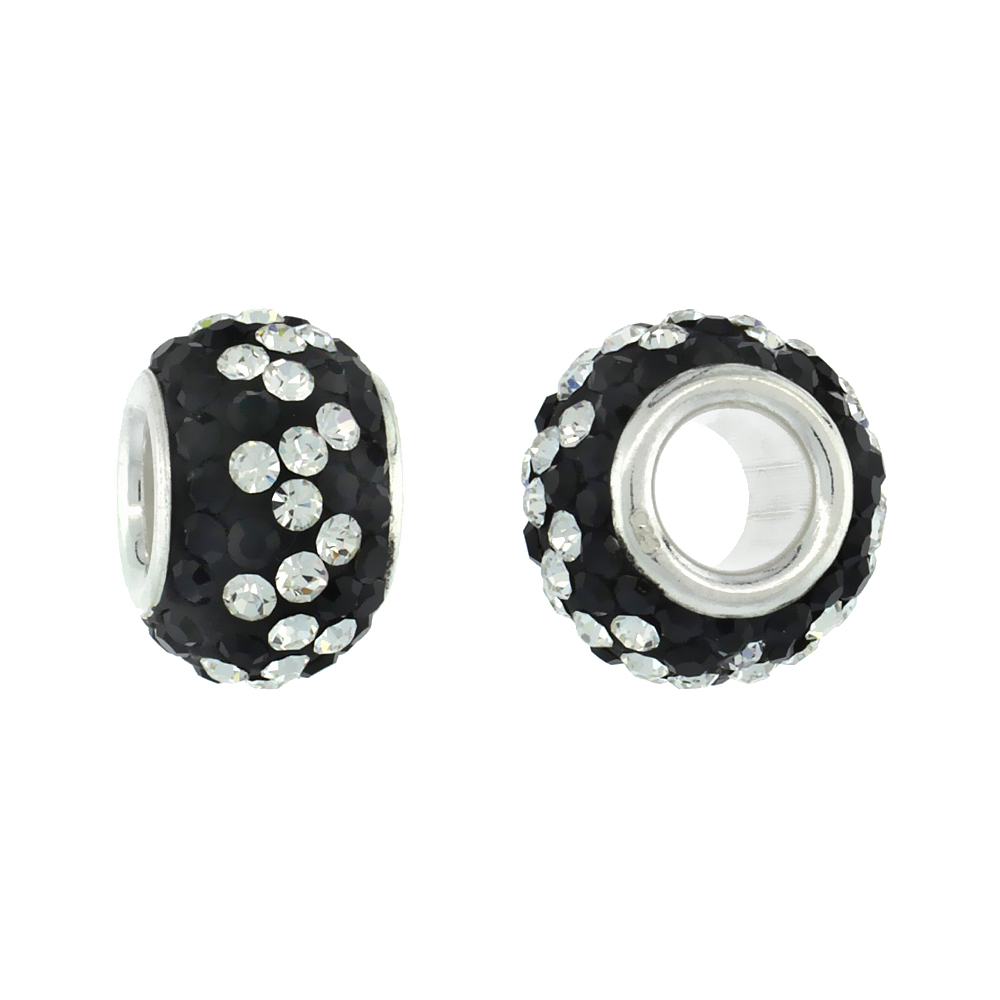 Sterling Silver Crystal Charm Bead Black &amp; White Spiral Color Charm Bracelet Compatible, 11 mm