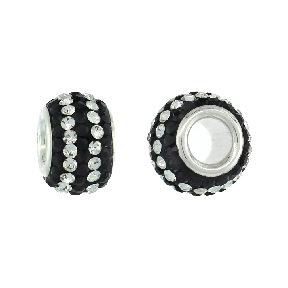 Sterling Silver Crystal Charm Bead Black &amp; 2 Lines Of White Color Charm Bracelet Compatible, 11 mm