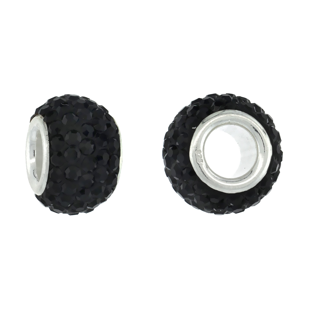 Sterling Silver Crystal Charm Bead Black Color Charm Bracelet Compatible, 11 mm
