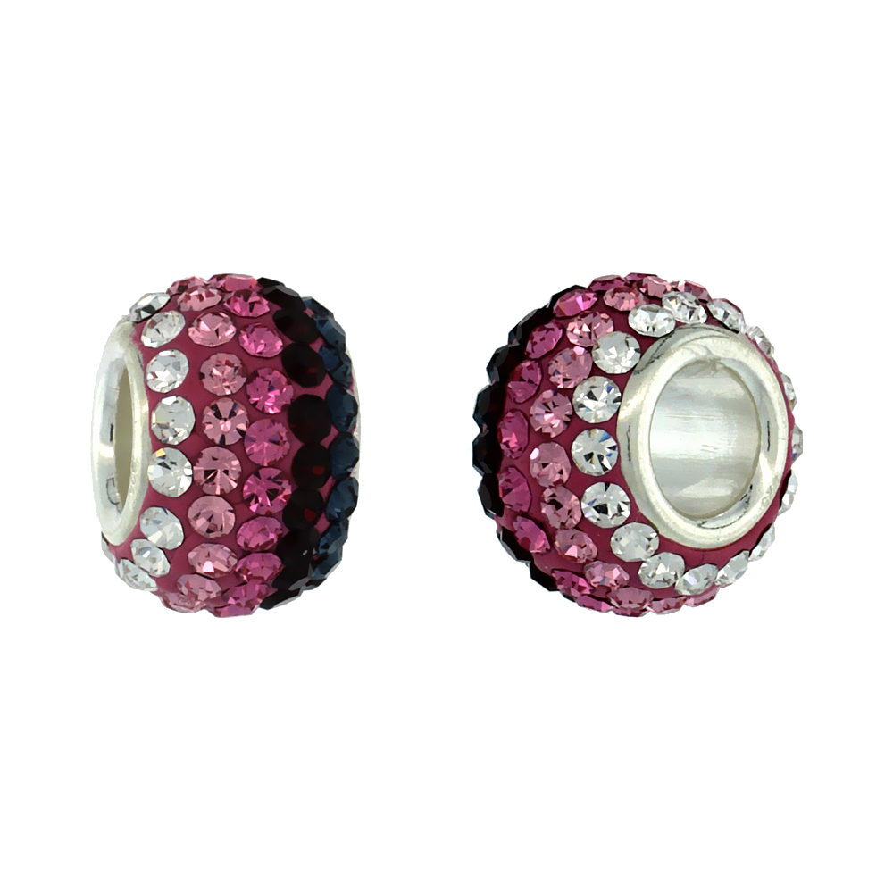 Sterling Silver Crystal Charm Bead White, Rose, Light Pink Topaz, Red & Capri Blue Color Charm Bracelet Compatible, 11 mm