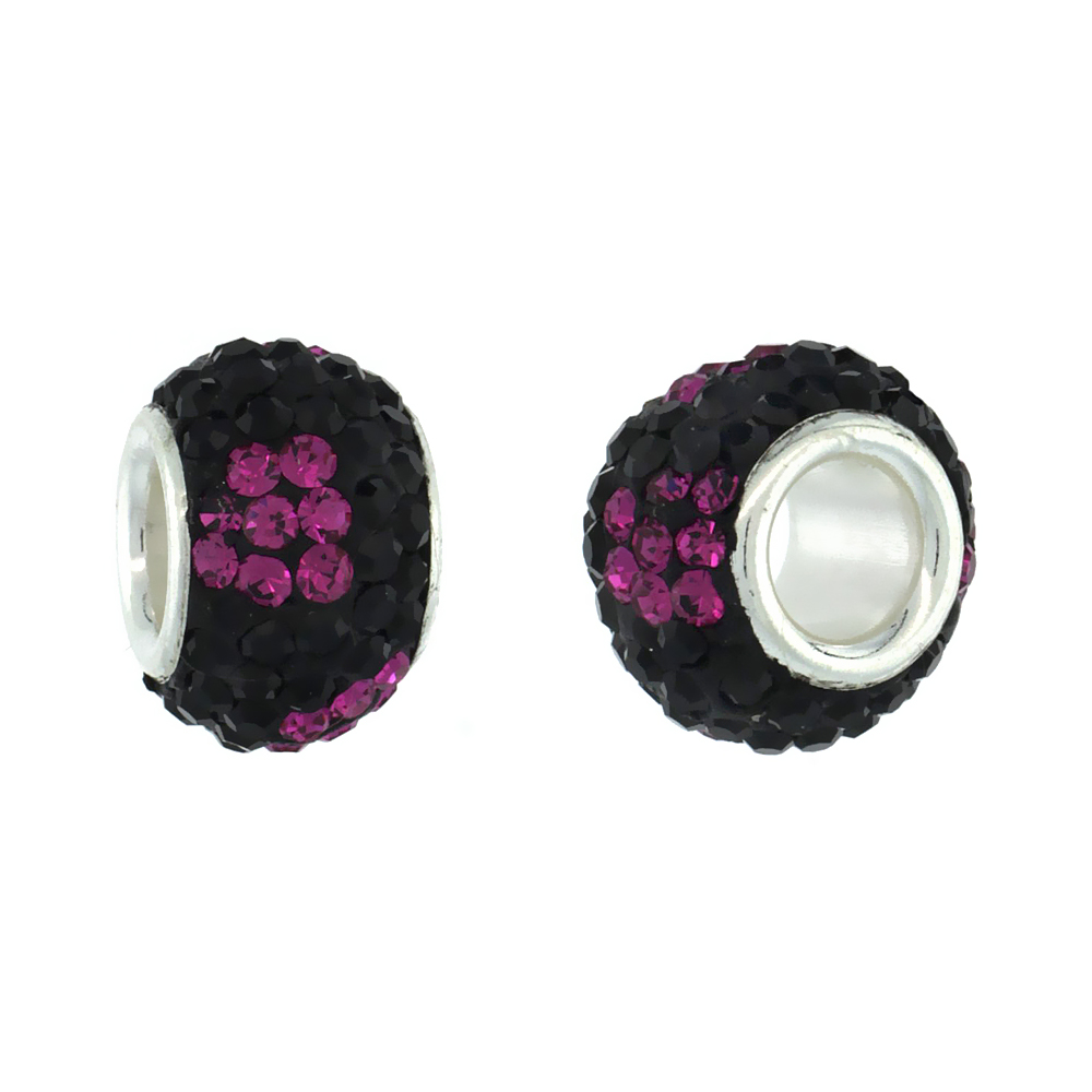 Sterling Silver Crystal Charm Bead Black &amp; Fuchsia Flower Color Charm Bracelet Compatible, 11 mm