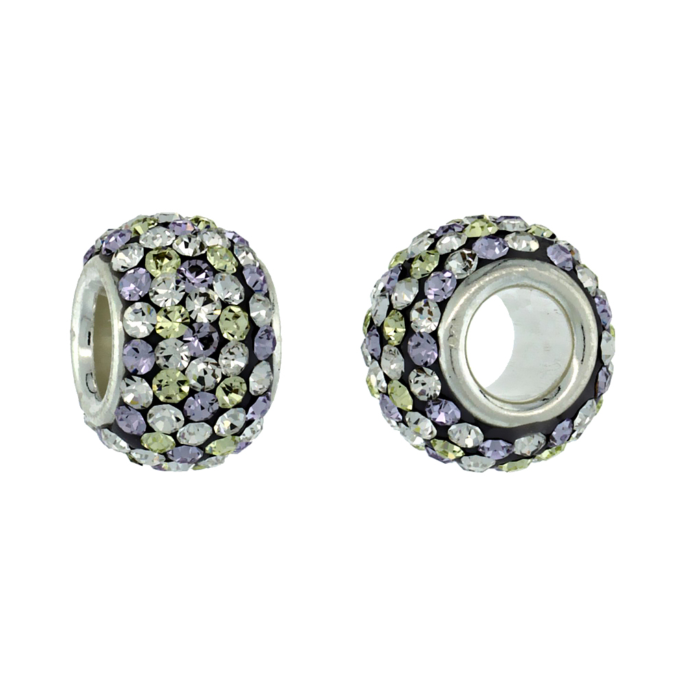 Sterling Silver Crystal Charm Bead Polka dot White &amp; Lime Color Charm Bracelet Compatible, 11 mm