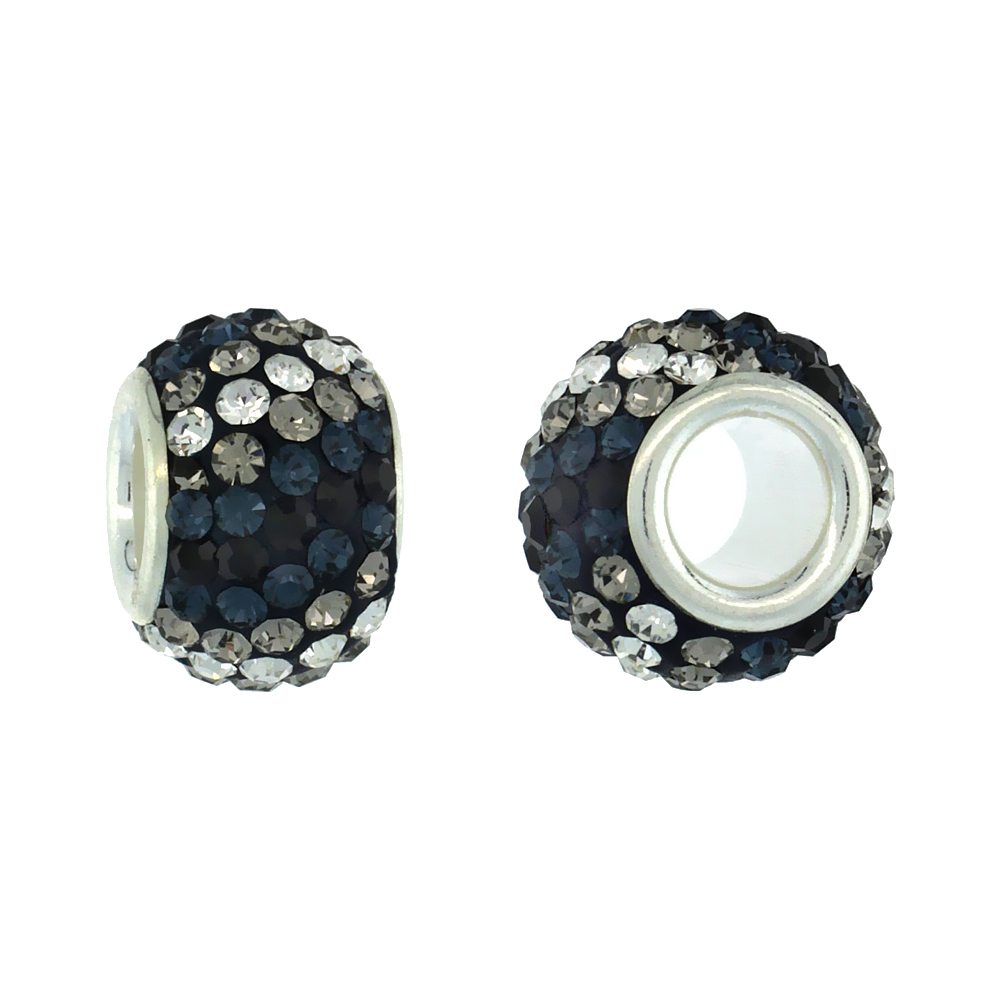 Sterling Silver Crystal Charm Bead Black, Cobalt, Smoky &amp; White Color Charm Bracelet Compatible, 11 mm