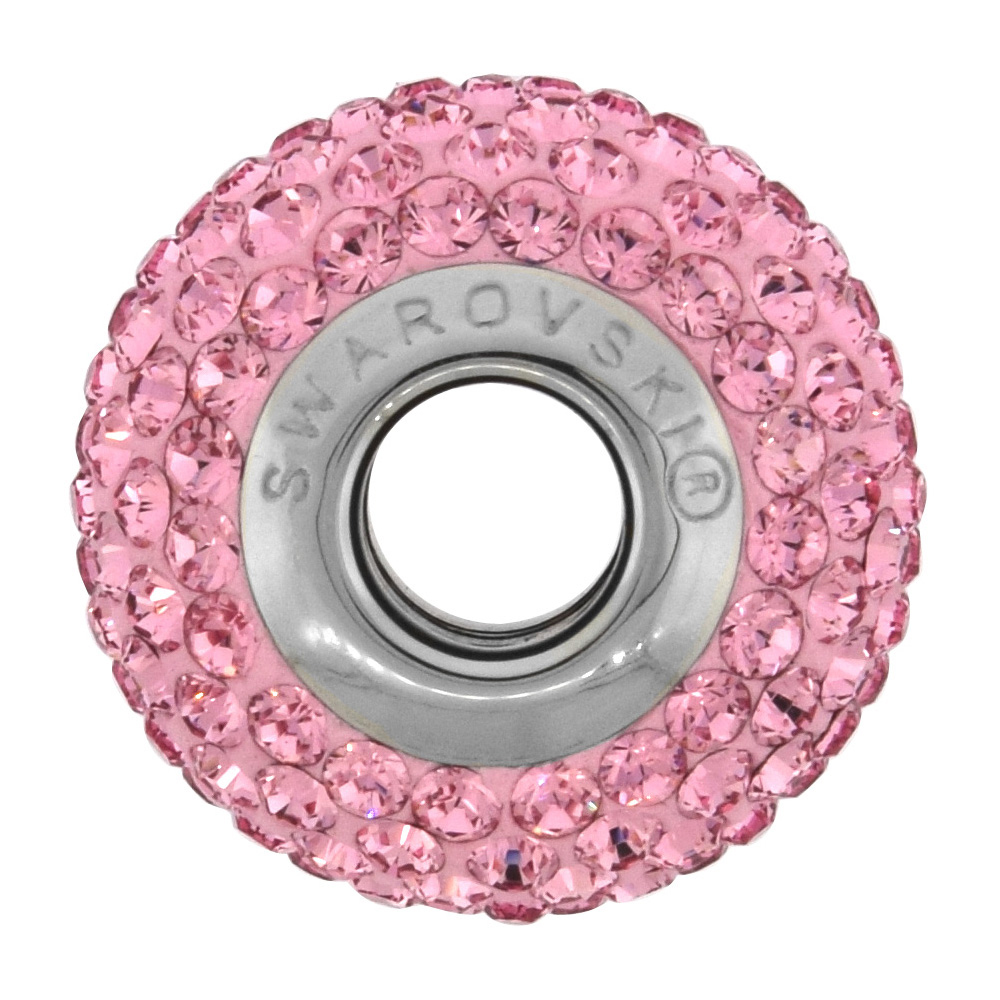 Sterling Silver Genuine Swarovski Crystal Charm Bead Rose Color Charm Bracelet Compatible, 15 mm