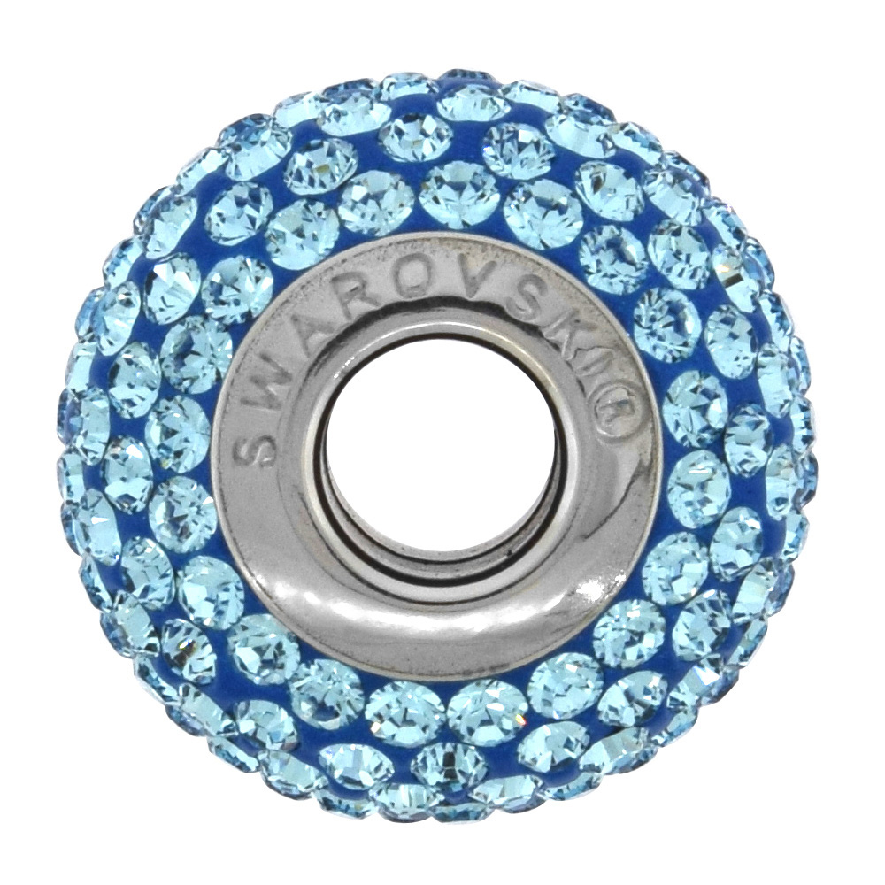 Sterling Silver Genuine Swarovski Crystal Charm Bead Light Sapphire Color Charm Bracelet Compatible, 15 mm