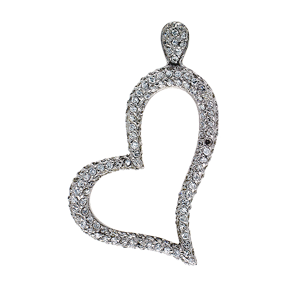 Sterling Silver Heart Cut Out Pendant, w/ Brilliant Cut CZ Stones, 2&quot; (50 mm) tall, w/ 18&quot; Thin Snake Chain