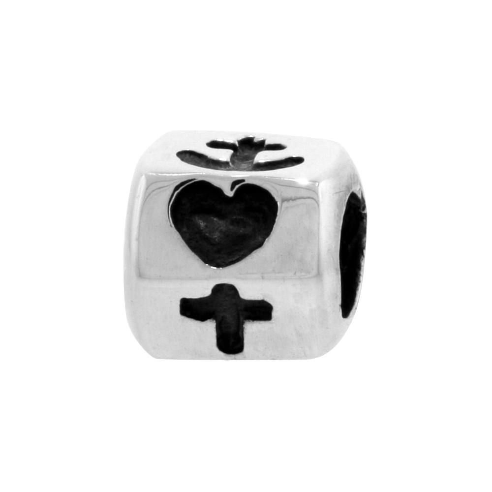 Sterling Silver Hexagon Bead Charm for most Charm Bracelets, w/ Heart, Cross & Anchor Design