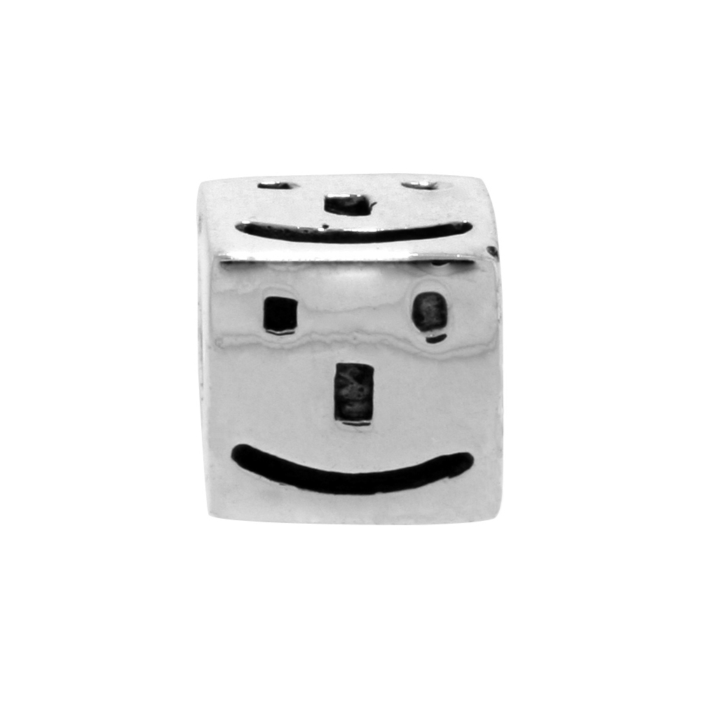 Sterling Silver Happy Face Cube Bead Charm for most Charm Bracelets