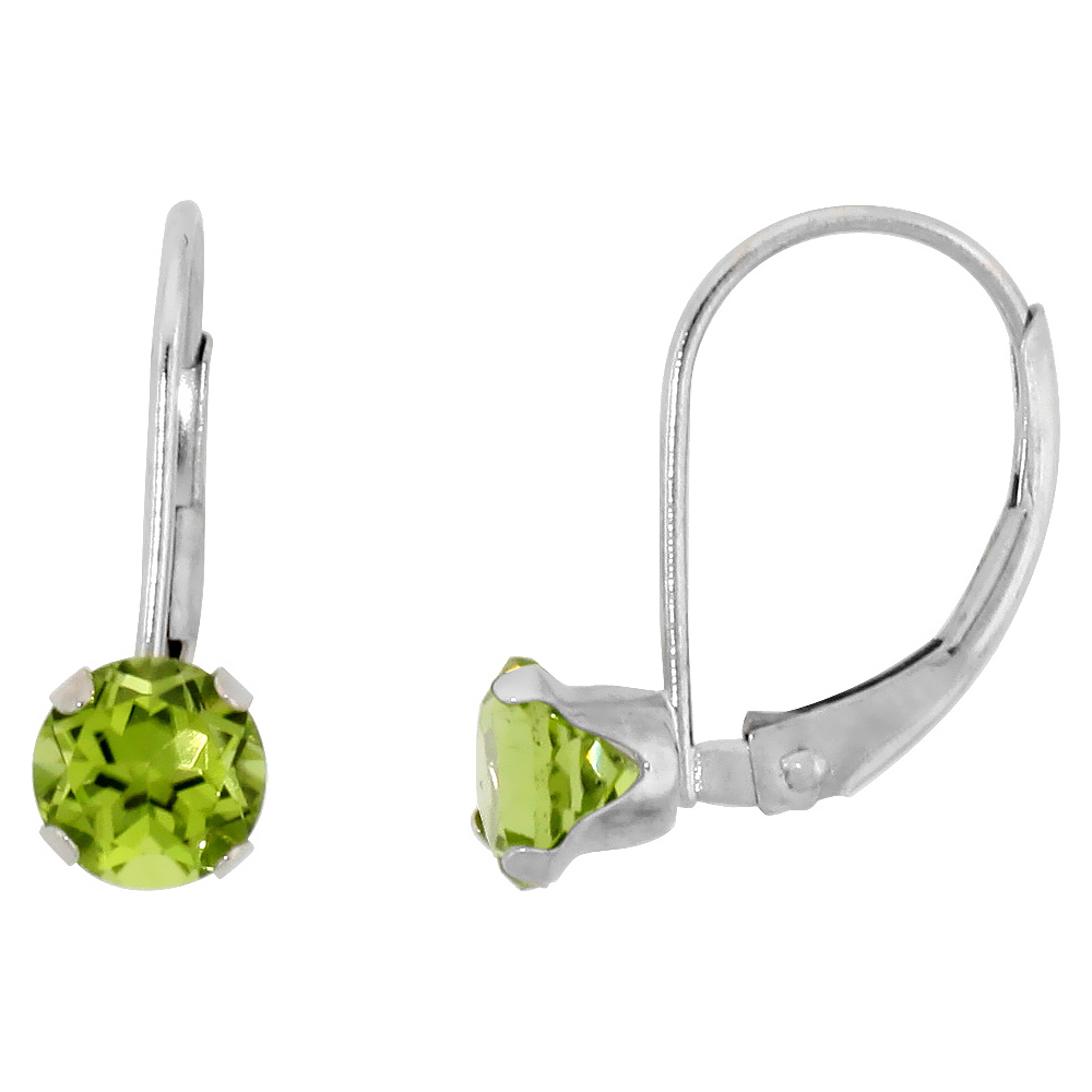 10k White Gold Natural Peridot Leverback Earrings 5mm Brilliant Cut August Birthstone, 9/16 inch long