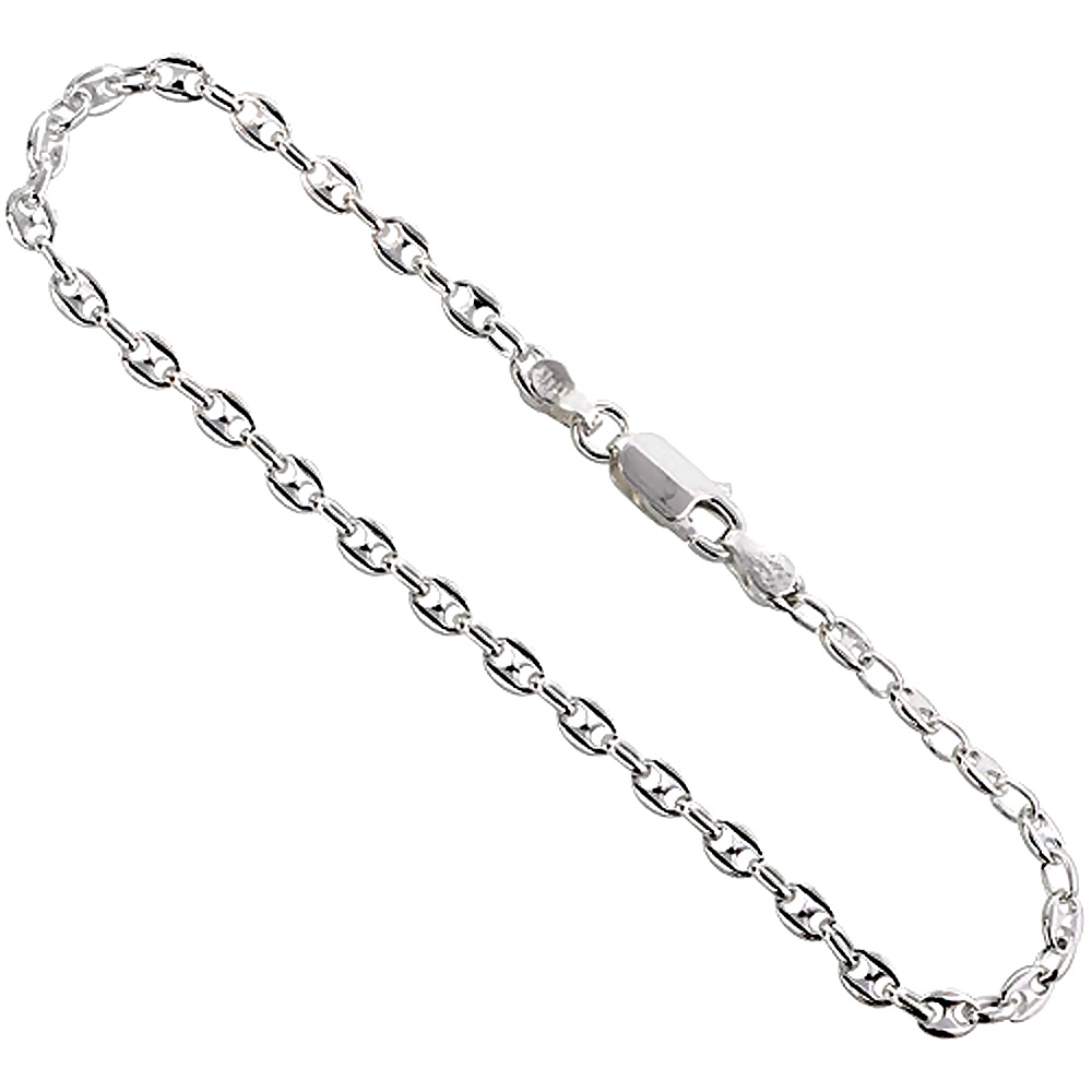 Sterling Silver Puffed Anchor Chain Necklaces & Bracelets 3.4mm Nickel Free Italy, sizes 7 - 30 inch
