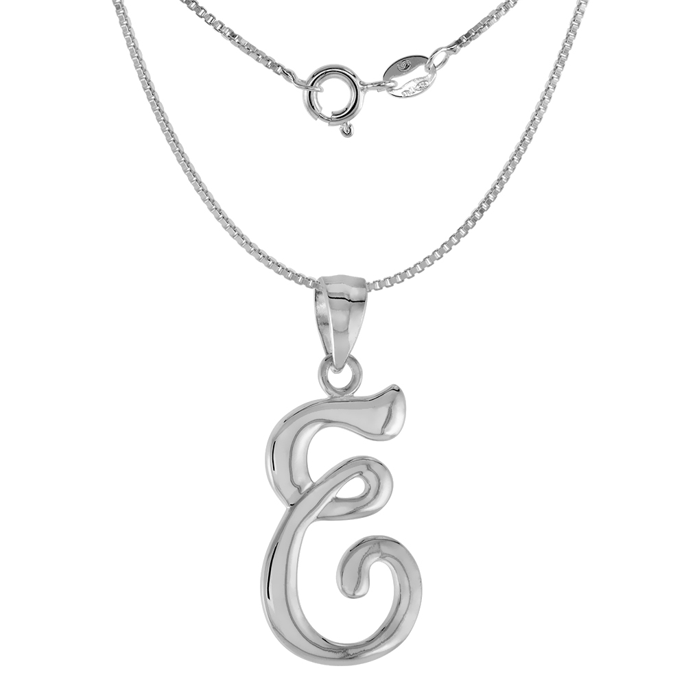 Small 3/4 inch Sterling Silver Script Initial E Pendant Necklace for Women Flawless High Polished 16-20 inch