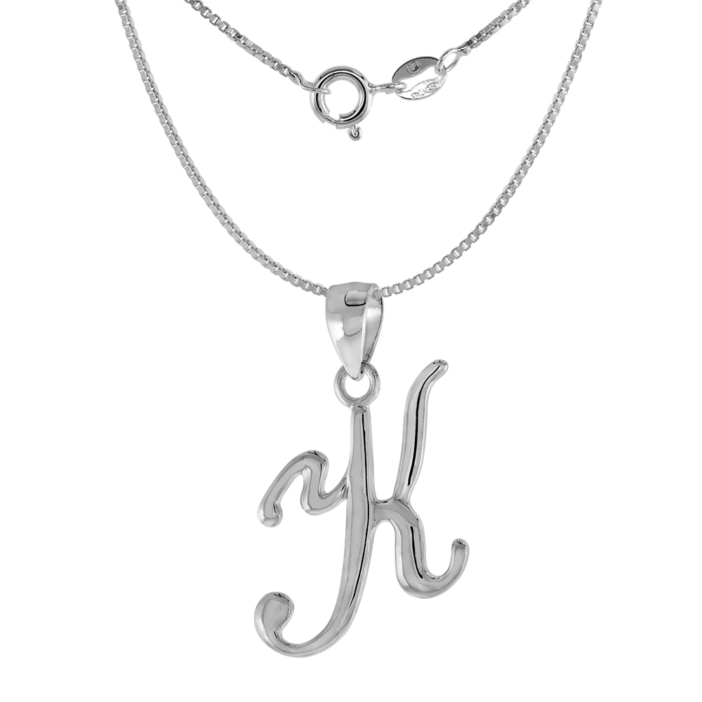 Small 3/4 inch Sterling Silver Script Initial K Pendant Necklace for Women Flawless High Polished 16-20 inch