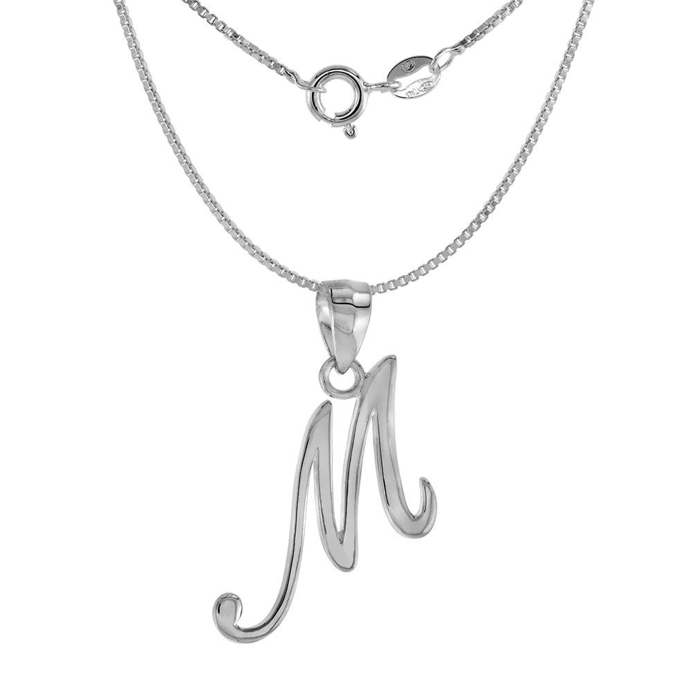 Small 3/4 inch Sterling Silver Script Initial M Pendant Necklace for Women Flawless High Polished 16-20 inch
