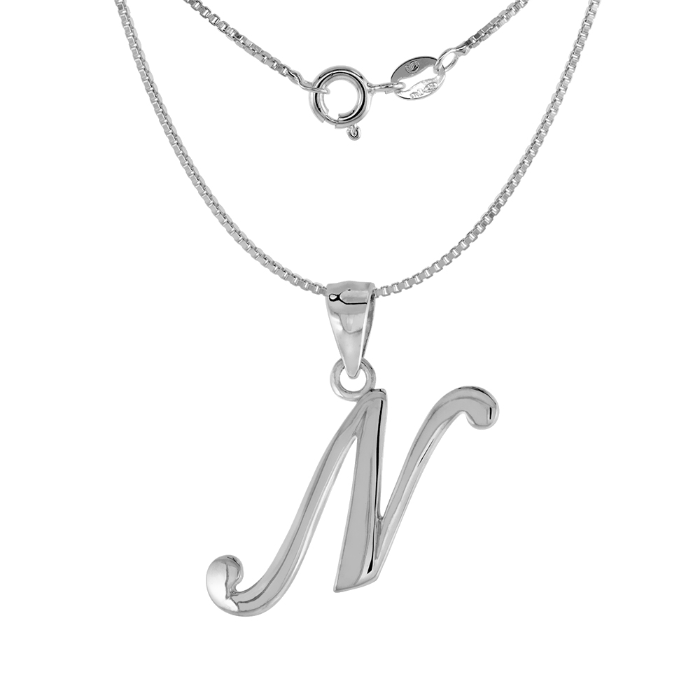 Small 3/4 inch Sterling Silver Script Initial N Pendant Necklace for Women Flawless High Polished 16-20 inch