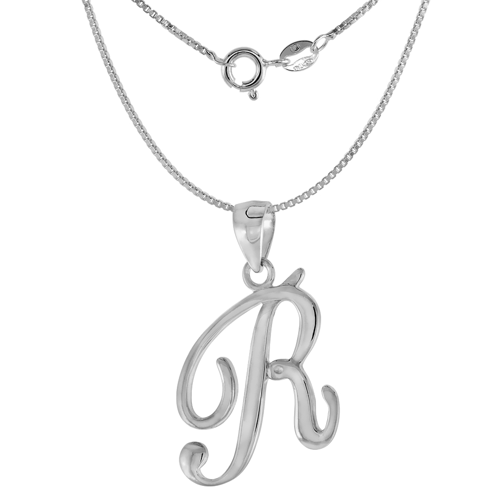 Small 3/4 inch Sterling Silver Script Initial R Pendant Necklace for Women Flawless High Polished 16-20 inch