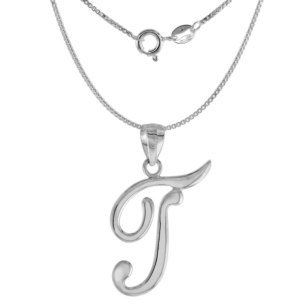 Small 3/4 inch Sterling Silver Script Initial T Pendant Necklace for Women Flawless High Polished 16-20 inch