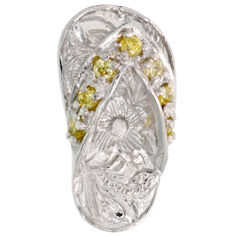 Sterling Silver Hawaiian Flip Flop Slippers Pendant, w/ Brilliant Cut Yellow Topaz-colored CZ Stones, 3/4&quot; (19 mm) tall