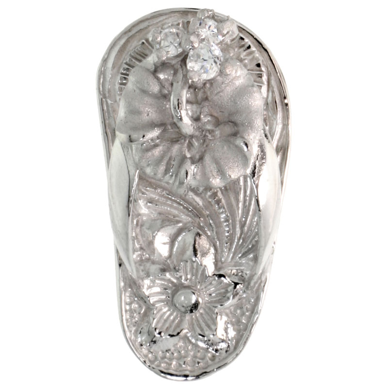Sterling Silver Hawaiian Hibiscus Flip Flop Slippers Pendant, w/ Brilliant Cut Clear CZ Stones, 3/4&quot; (19 mm) tall