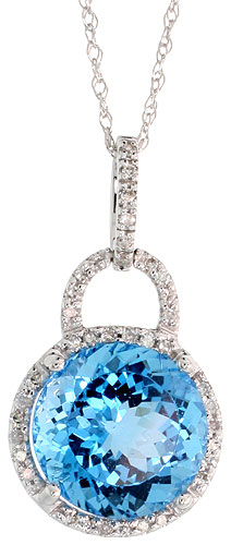 14k White Gold 18&quot; Chain &amp; 7/8&quot; (23mm) tall Blue Topaz Pendant, w/ 0.12 Carat Brilliant Cut Diamonds &amp; 4.96 Carats 10mm Brilliant Cut Blue Topaz Stone