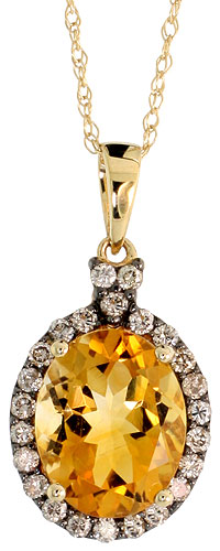 14k Gold 18&quot; Chain &amp; 5/8&quot; (16mm) tall Oval Pendant, w/ 0.27 Carat Brilliant Cut Diamonds &amp; 2.85 Carats 10x8mm Oval Cut Citrine Stone
