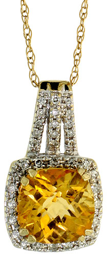 14k White Gold 18" Chain & 3/4" (19mm) tall Fancy Diamond Pendant, w/ 0.18 Carat Brilliant Cut Diamonds & 2.10 Carats 8mm Cushion Cut Citrine Stone