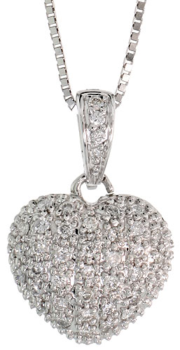 14k White Gold 17" Box Chain & 3/4" (19mm) tall Diamond Heart Pendant, w/ 0.30 Carat Brilliant Cut Diamonds