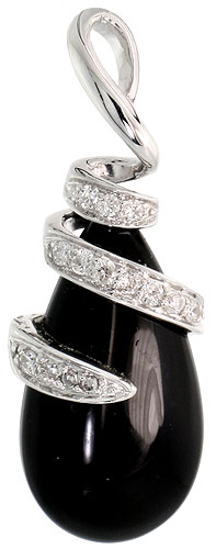 14k White Gold 1 3/16&quot; (30mm) tall Teardrop Onyx Pendant, w/ 0.19 Carat Brilliant Cut Diamonds