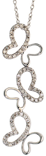 14k White Gold 18&quot; Chain &amp; 1 1/4&quot; (32mm) tall Triple Butterfly Diamond Pendant, w/ 0.22 Carat Brilliant Cut Diamonds