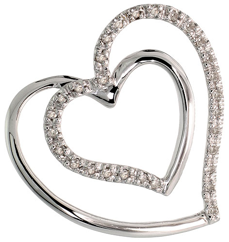 14k White Gold 13/16" (21mm) tall Double Heart Diamond Pendant, w/ 0.15 Carat Brilliant Cut Diamonds