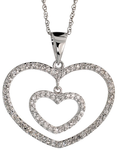 14k White Gold 18&quot; Chain &amp; 5/8&quot; (16mm) tall Double Heart Diamond Pendant, w/ 0.24 Carat Brilliant Cut Diamonds
