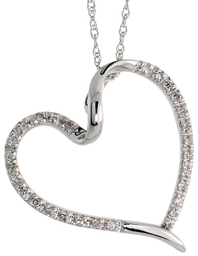 14k White Gold 18" Chain & 13/16" (21mm) tall Diamond Heart Pendant, w/ 0.15 Carat Brilliant Cut Diamonds