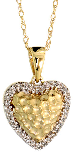 14k Gold 18" Chain & 7/16" (12mm) tall Hammered Finish Diamond Heart Pendant, w/ 0.10 Carat Brilliant Cut Diamonds