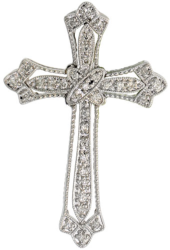 14k White Gold 1 3/8&quot; (36mm) tall Diamond Cross Fleury Pendant, w/ 0.25 Carat Brilliant Cut Diamonds