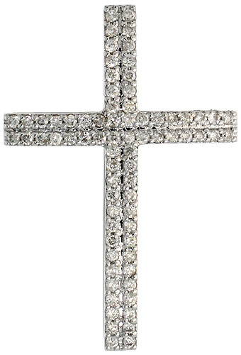14k White Gold 1 1/4" (31mm) tall Diamond Cross Pendant, w/ 0.55 Carat Brilliant Cut Diamonds