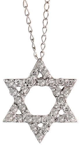 14k White Gold 18&quot; Chain &amp; 1/2&quot; (12mm) tall Jewish Star of David Diamond Pendant, w/ 0.17 Carat Brilliant Cut Diamonds