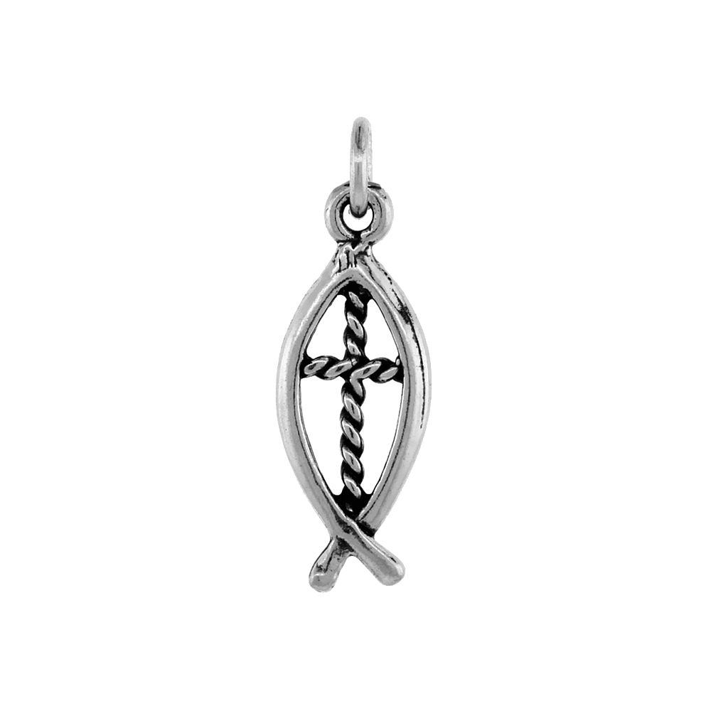 Sterling Silver Christian Fish Charm Ichthys Pendant Antiqued finish 1/2 inch