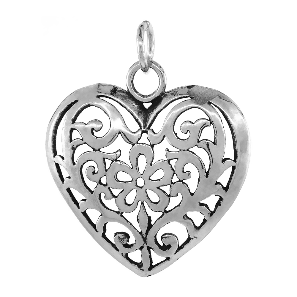 Sterling Silver Filigree Heart Pendant Antiqued finish 1 1/8 inch