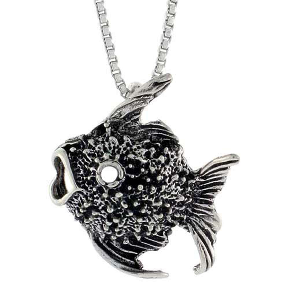 Sterling Silver Tropical Fish Pendant Antiqued finish 3/4 inch