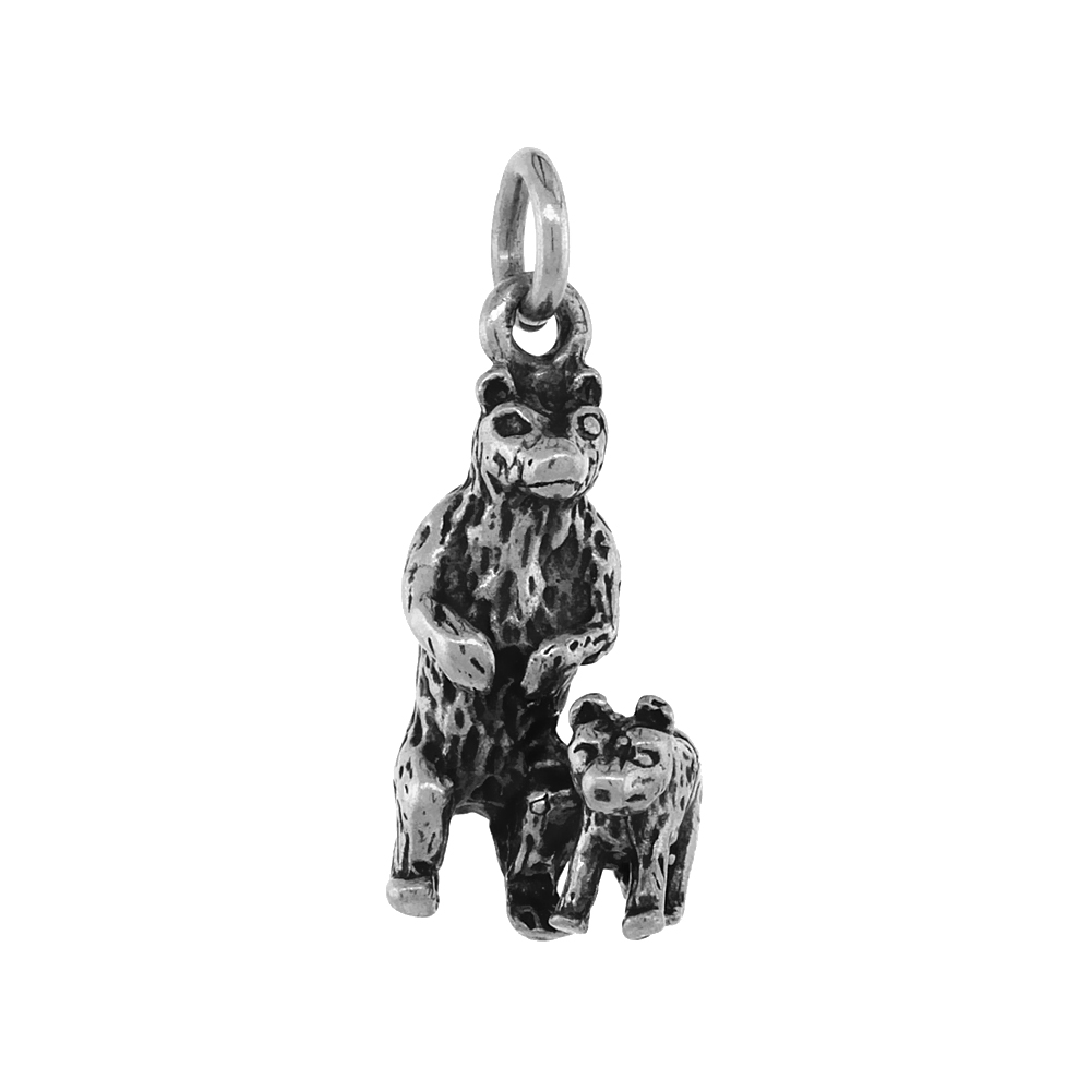 Sterling Silver Bear with Cub Pendant Antiqued finish 3/4 inch