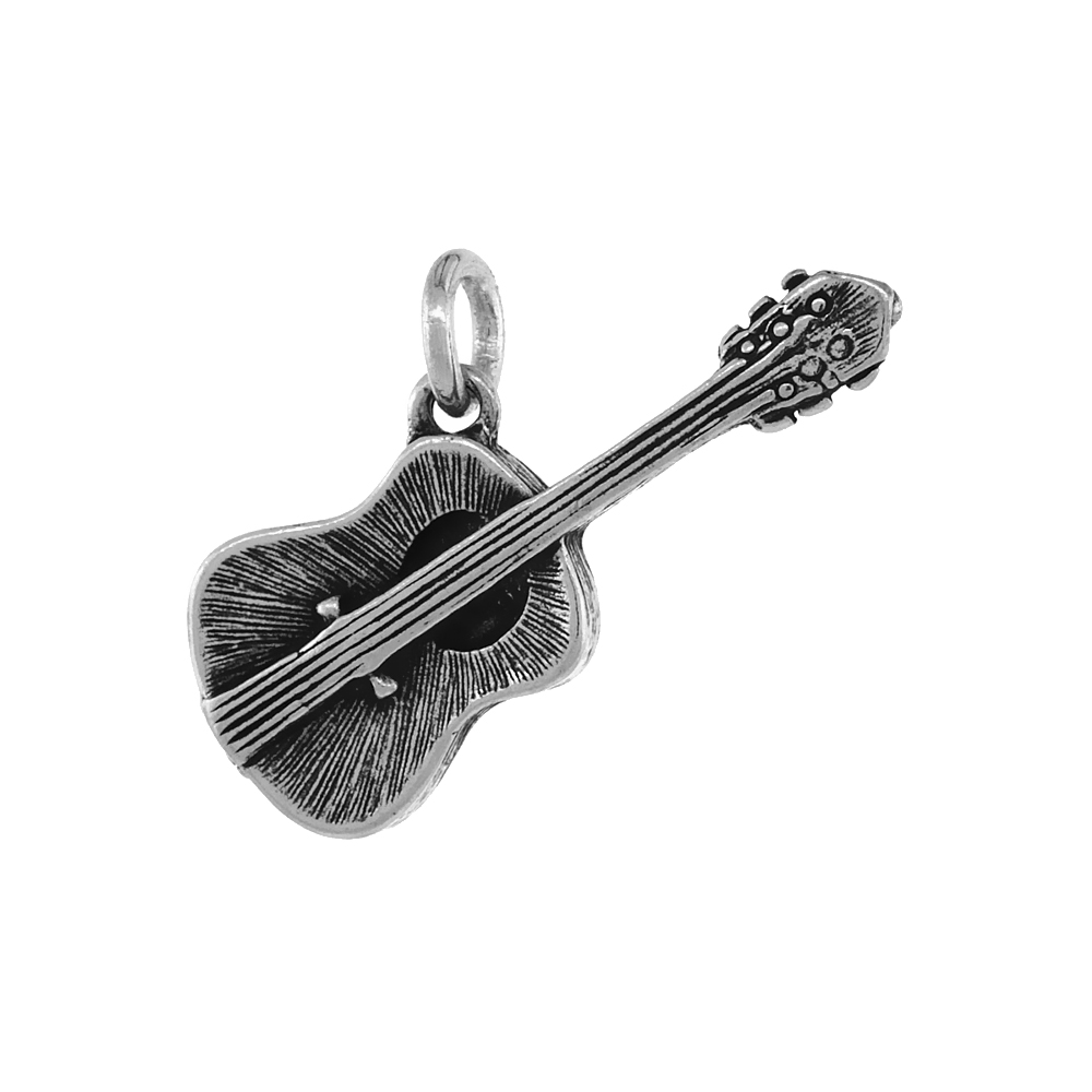Sterling Silver Guitar Pendant Antiqued finish 1 1/8 inch