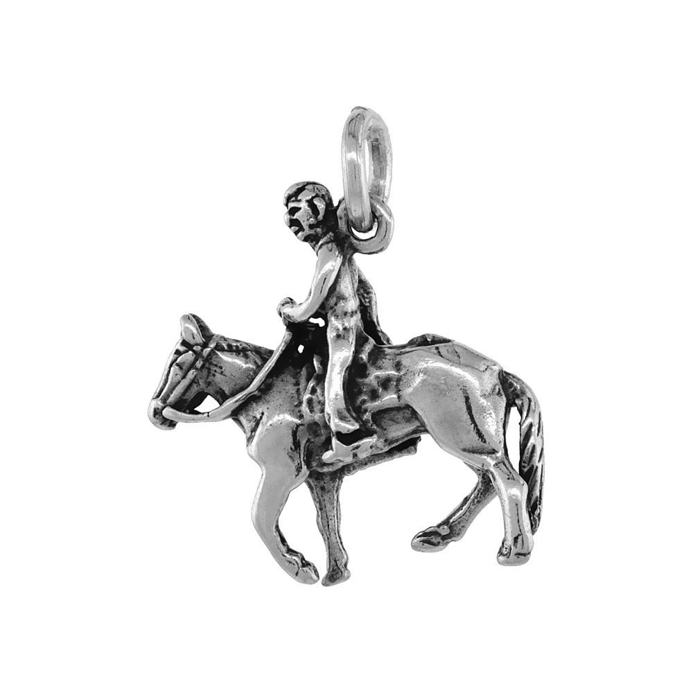 Sterling Silver Horse & Rider Pendant Antiqued finish 7/8 inch