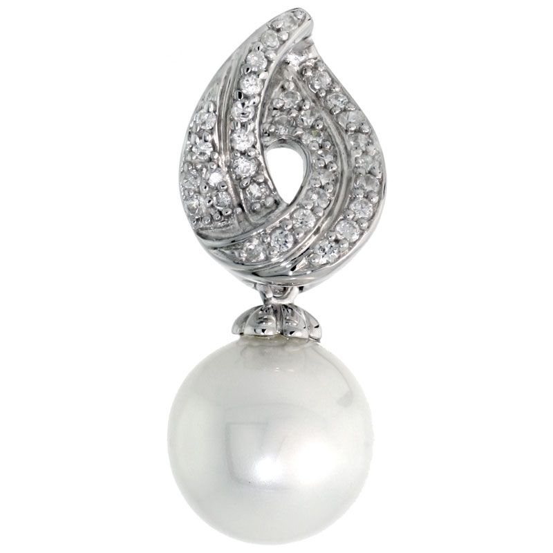Sterling Silver Slider Pendant, w/ Brilliant Cut CZ Stones &amp; 10mm Faux Pearl, 1 1/16&quot; (26 mm) tall